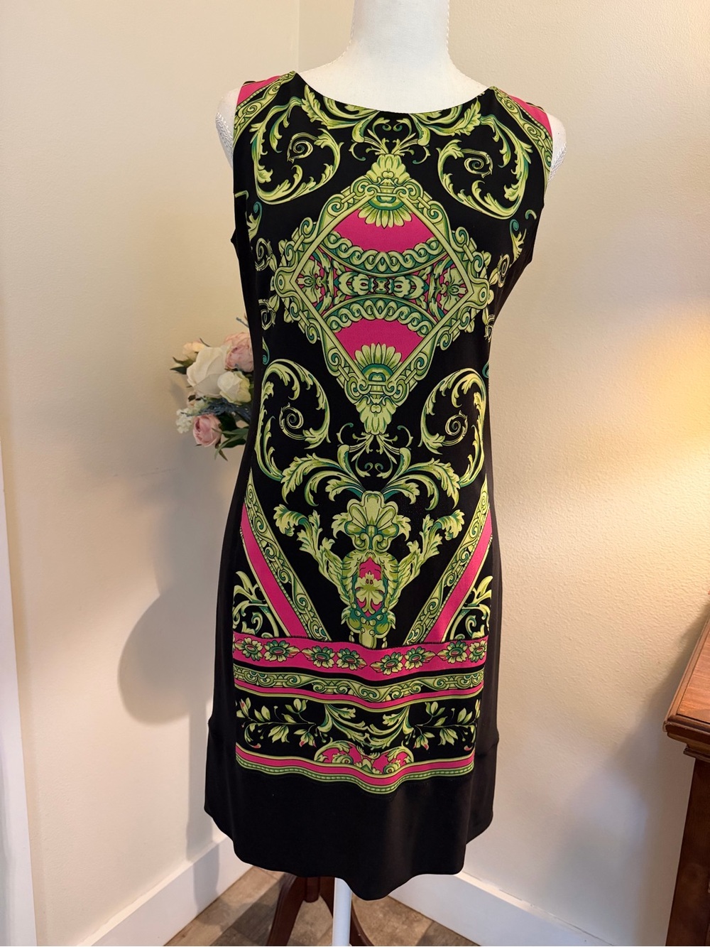 Joseph Ribkoff Black Midi Dress with Pink and Lime Baroque Motif Scroll Comfy